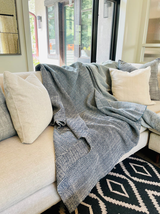 Hand Loomed Ombre Wool Blanket - Indigo & Undyed Wool Blend
